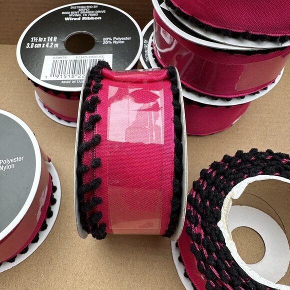 Pink Wired Ribbon Pom Pom Edge Lot of 7 Dia De Los Muertos 1 1/2" in x 14 ft - Picture 8 of 11